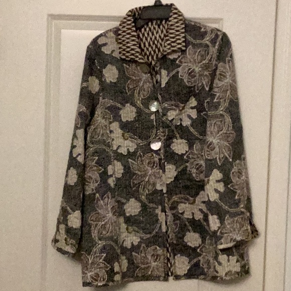 Patty Kim Reversible Duster lightweight w/batik floral &vertical herringbone - Picture 1 of 12